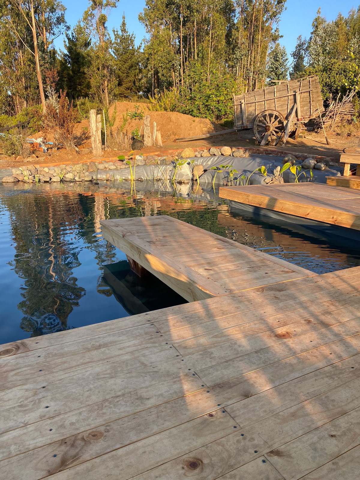 Detalle de la terraza de madera y el trampolín sobre el agua al atardecer